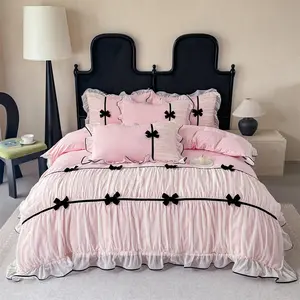Ruffle Bedding Set with Bowtie, Girls Lace Bedding, Pink Queen Comforter Cover Set, Chic Ruffled Duvet Cover with Lovely Bow, Princess Style 1 Duvet Cover with 2 Pillowcases, No Comforter