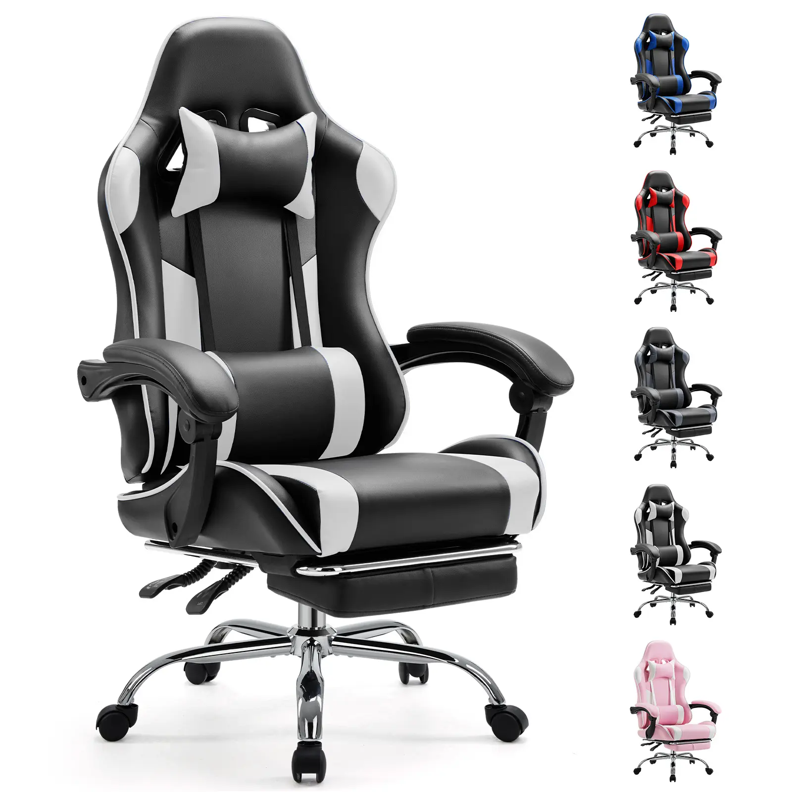 Gaming Chair Desk Chair - with Footrest and Lumbar Support, PU Leather Recliner with Headrest, Fixed Up Armrest, Height Adjustable with 360° Swivel,summerwins