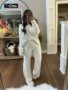 Women's Two-Piece Casual Set, Solid Color Long Sleeve Top & Elastic Wide-Leg Pants Pjs, Comfortable Minimalist Round Neck Sleepwear