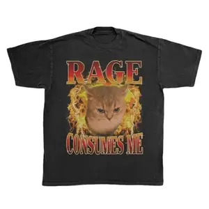 Global Free Shipping Ironic Angry Cat Fire T Shirt Rage Chaos Meme Sarcastic Gothic Graphic Tee Grumpy Cat Lover Gift Men Swear