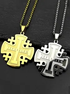 Christian Jerusalem Cross Pendant Necklace for Men Women Stainless Steel Gold Silver Color Prayer Faith Chain Amulet