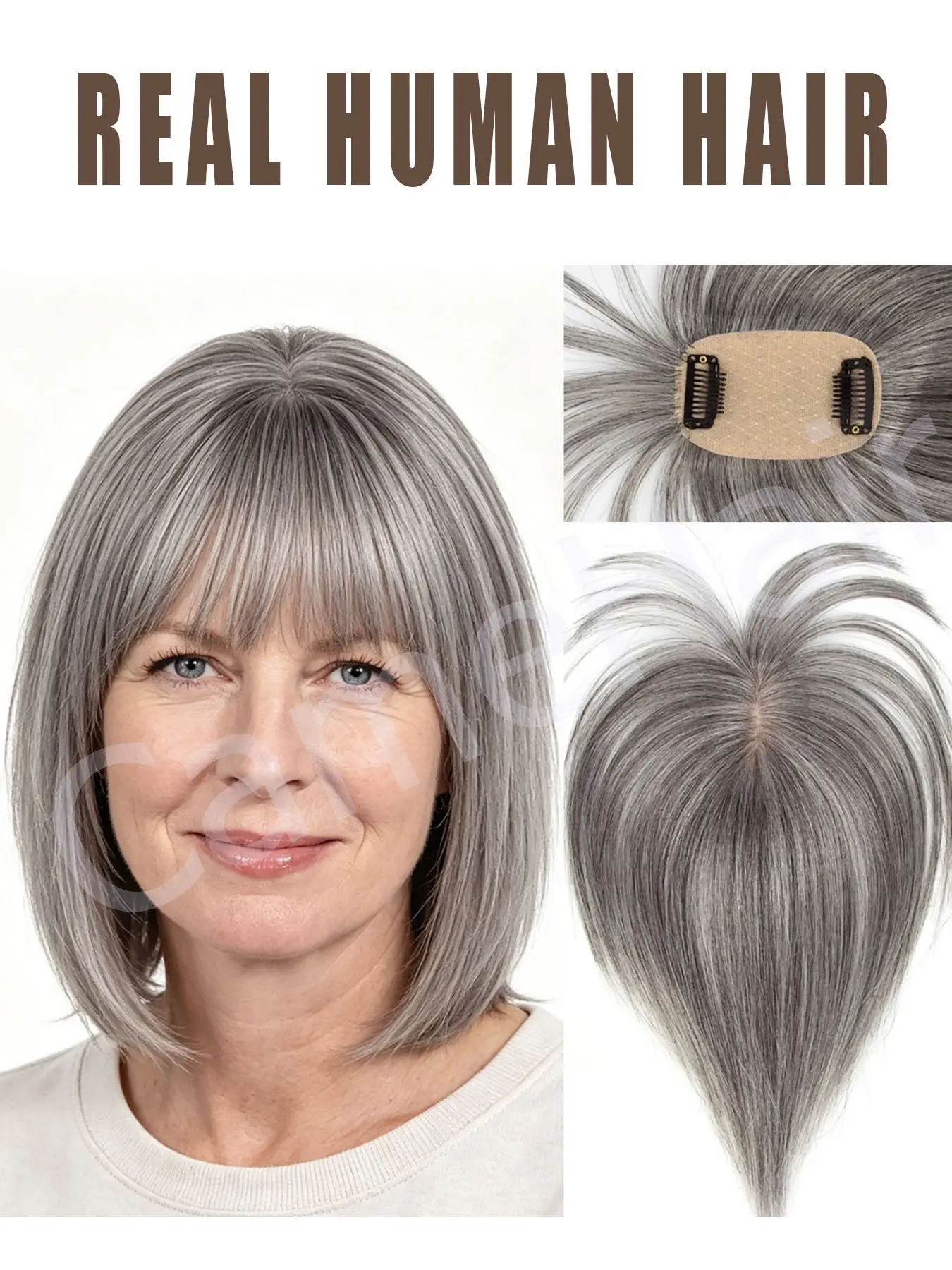 Hair Toppers for Women, Realistic Hairpieces, Clip On Hairpieces, Clip in Bangs Wig With Bangs Natural Skin Scalp Thinning or Loss Top Pieces 3D Topper Updated Base With ThinningHair Cover Gray Roots Add Volume for Halloween Christmas Party