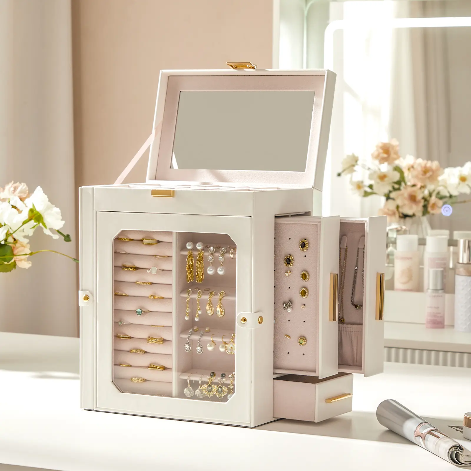 HOOBRO Jewelry Box with Mirror, Travel Jewelry Organizer with Glass Window, Vertical Storage, Mother's Day Gift, Gift for Loved Ones, for Earrings, Rings, Necklaces, Bracelets, White  #TikTokShopMothersDay #SummerVibes