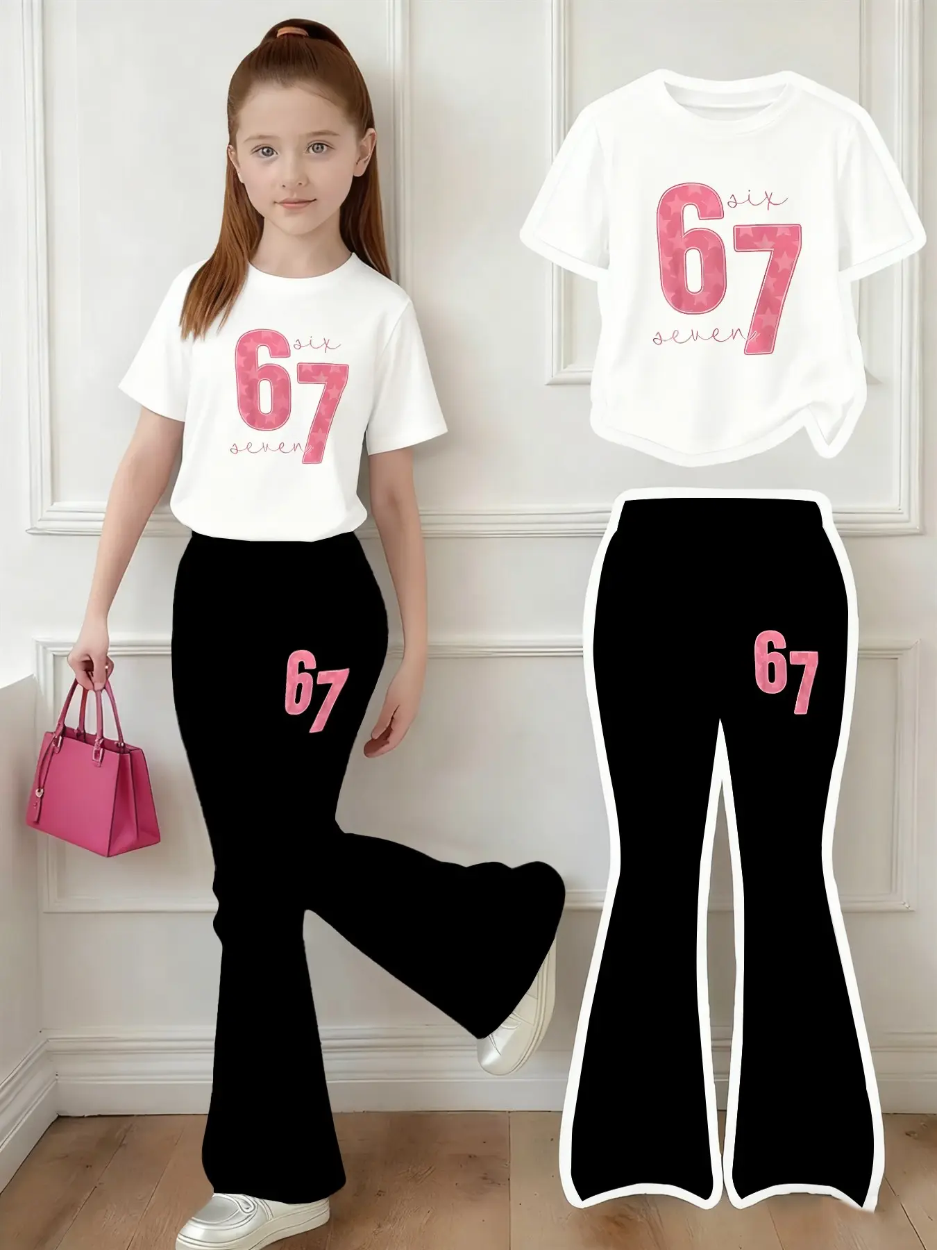 Girls' Star Print T-Shirt and Flare Pants Set, Cute Casual for All Seasons, Summer Outfits Set, Comfortable and Breathable for Outdoor Wear, Casual Outfit Set