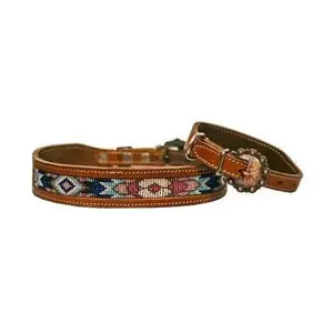 Leather dog collar features a medium leather with turquoise, pink and purple beaded inlay