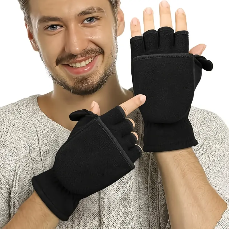 Adults' 1-Pair Knitted Synthetic Flip Gloves - Thick Fabric, Winter Convertible Half-Finger, Windproof, Touch Screen, Hand Wash Only, for Outdoor Fishing, Casual Activities, S/M Sizes, Knitting, Weekend Casual