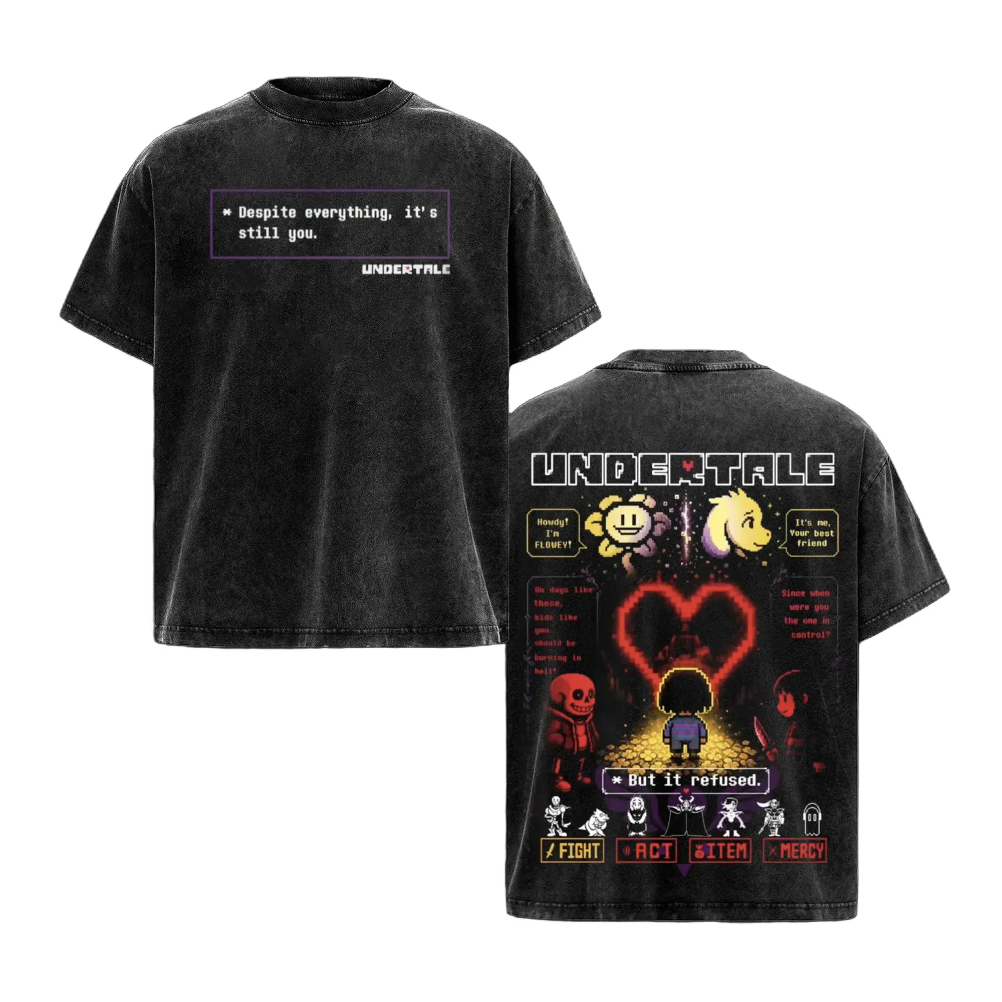 Undertale & Deltarune Vintage Washed T-Shirt 2026 Sans Papyrus Kris Ralsei Graphic Tee, Retro Pixel RPG Gaming Shirt