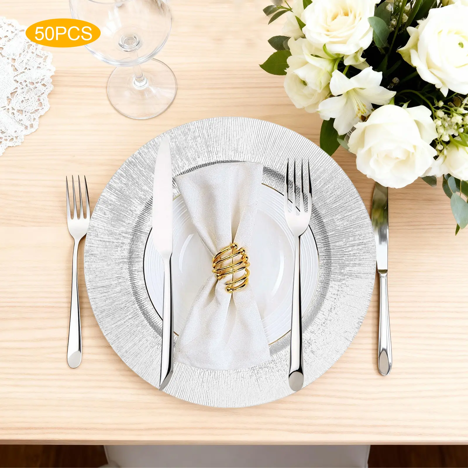 50 Round Modern Silver Plastic Charger Plates - Elegant Polypropylene (PP) Disposable Party Plates, Party Supplies for Wedding & Birthday Events, Home Festive Tableware, Elegant Plastic Plates