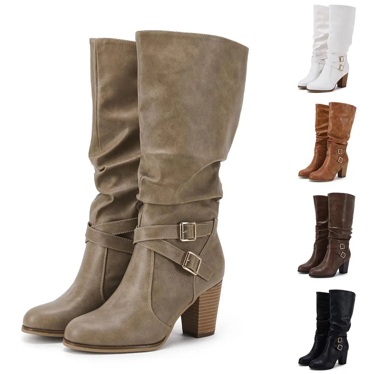 Piepiebuy Womens Mid Knee High Boots Chunky Heel Slouchy Metal Buckle Side Zipper Fashion Winter Shoes