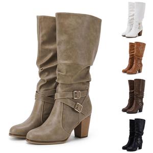 Piepiebuy Womens Mid Knee High Boots Chunky Heel Slouchy Metal Buckle Side Zipper Fashion Winter Shoes