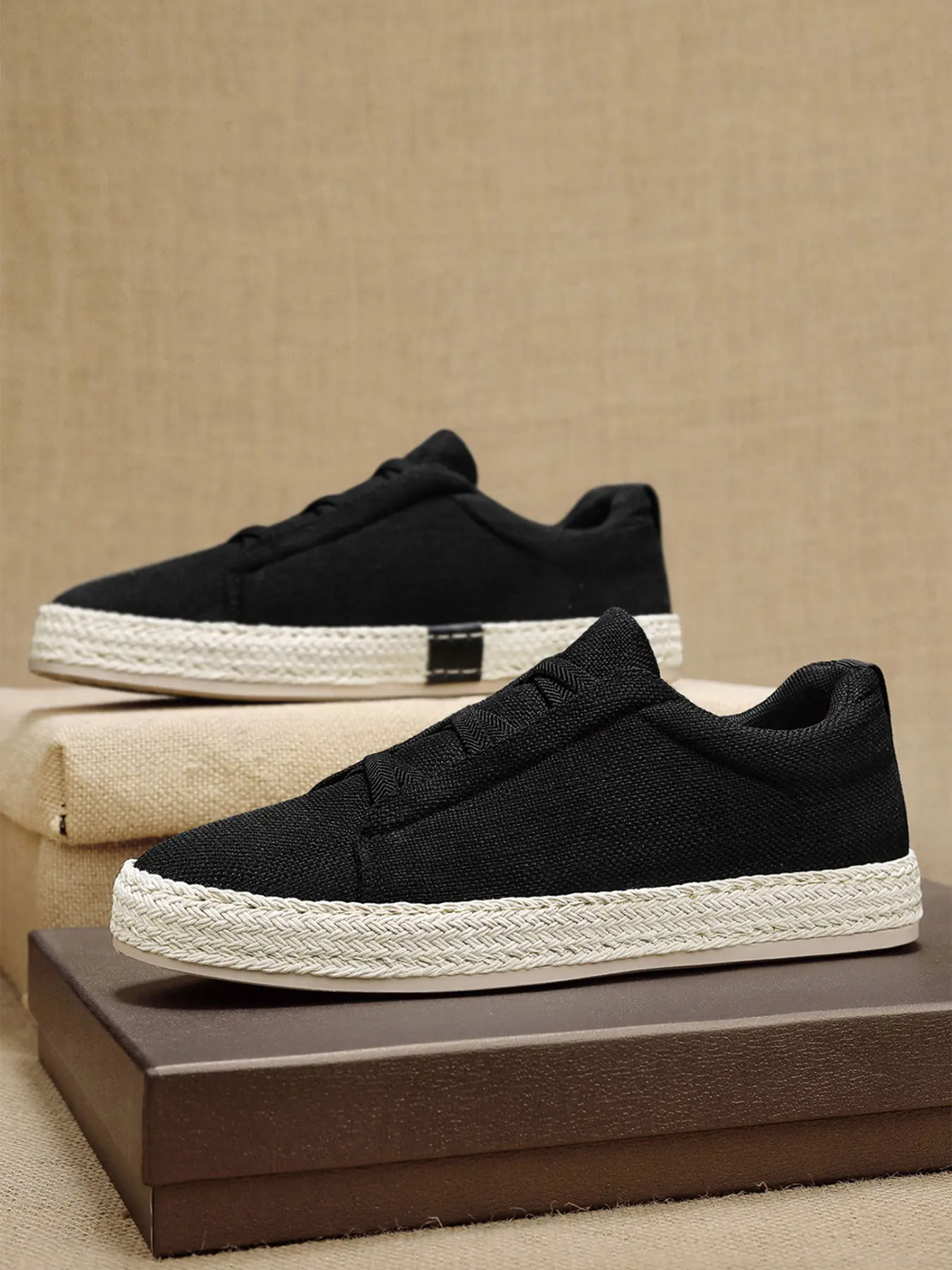 1 Pair Unisex Linen Knit Slip-On Espadrilles Tri-Color Breathable Linen Upper Woven Trim Commuter Style/Daily Casual - Breathable Linen Fabric Non-Slip PVC Sole, Breathable Comfort, Slip-On Convenience, Anti-Slip&Wear-Resistant Footwear
