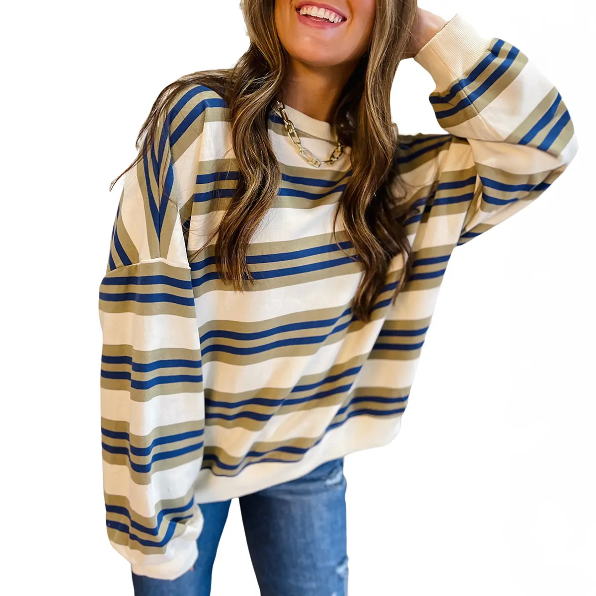 Mntaor Women's Casual Khaki Stripe Crew Neck Drop Shoulder Sweatshirt Long Sleeve Pullover Top-Winteroutfit
