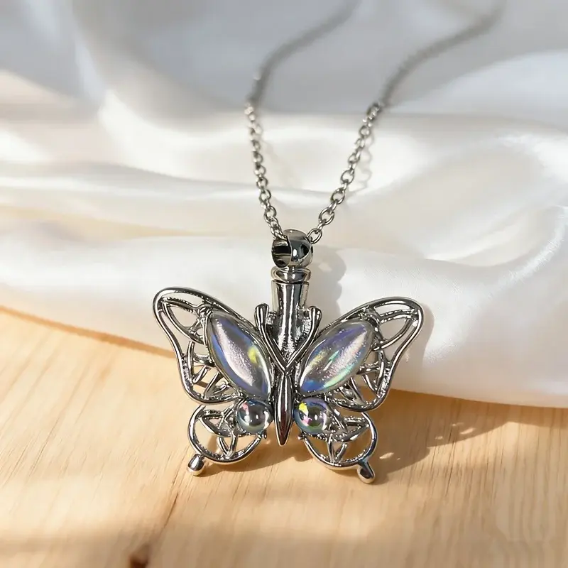 Butterfly Ash Chamber Urn Necklace for Pet Dog & Cat Loss, Silver Cremation Jewelry Keepsake Pendant, 18-inch Adjustable Chain, 25mm x 20mm Memorial Gift