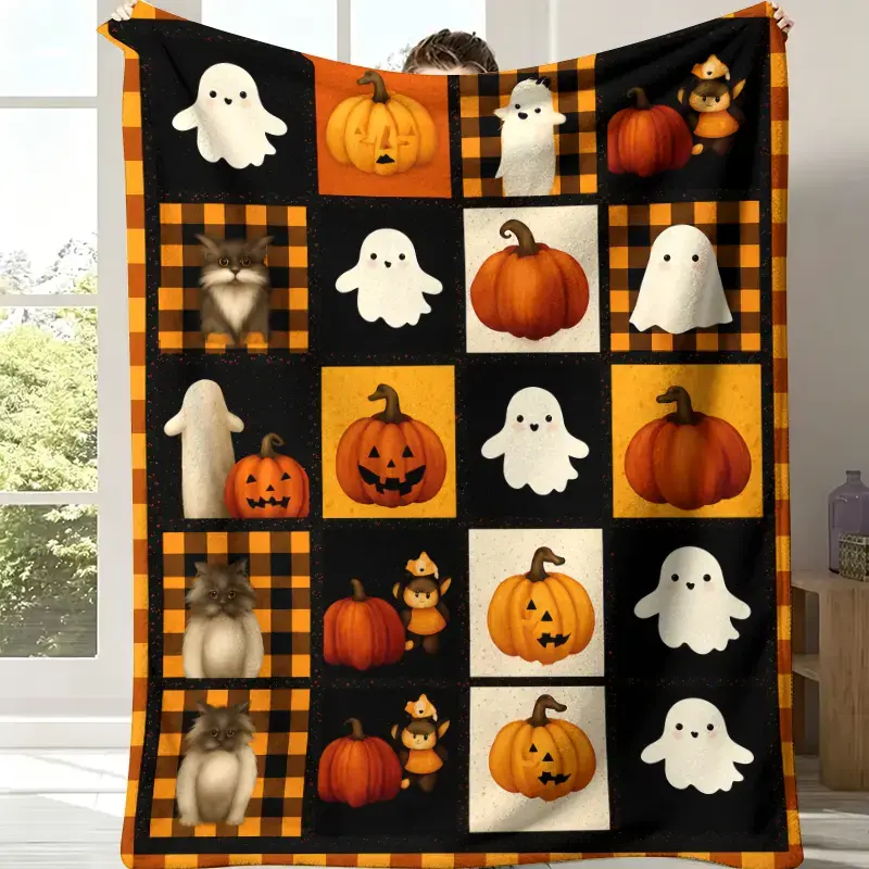 Soft Funny Throw Blanket Grid Buffalo Plaid Halloween Flannel Throw Blanket - Orange Black Check, Blush Ghost, Fluffy Cat, Jack O' Lantern, Witch Bear Prints, Soft Flannel, Kid-Friendly Farmhouse Bedroom Decor, Fall Family Gift
