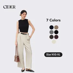 Cider Petite Mid Rise Solid Wide Leg Trousers With Belt