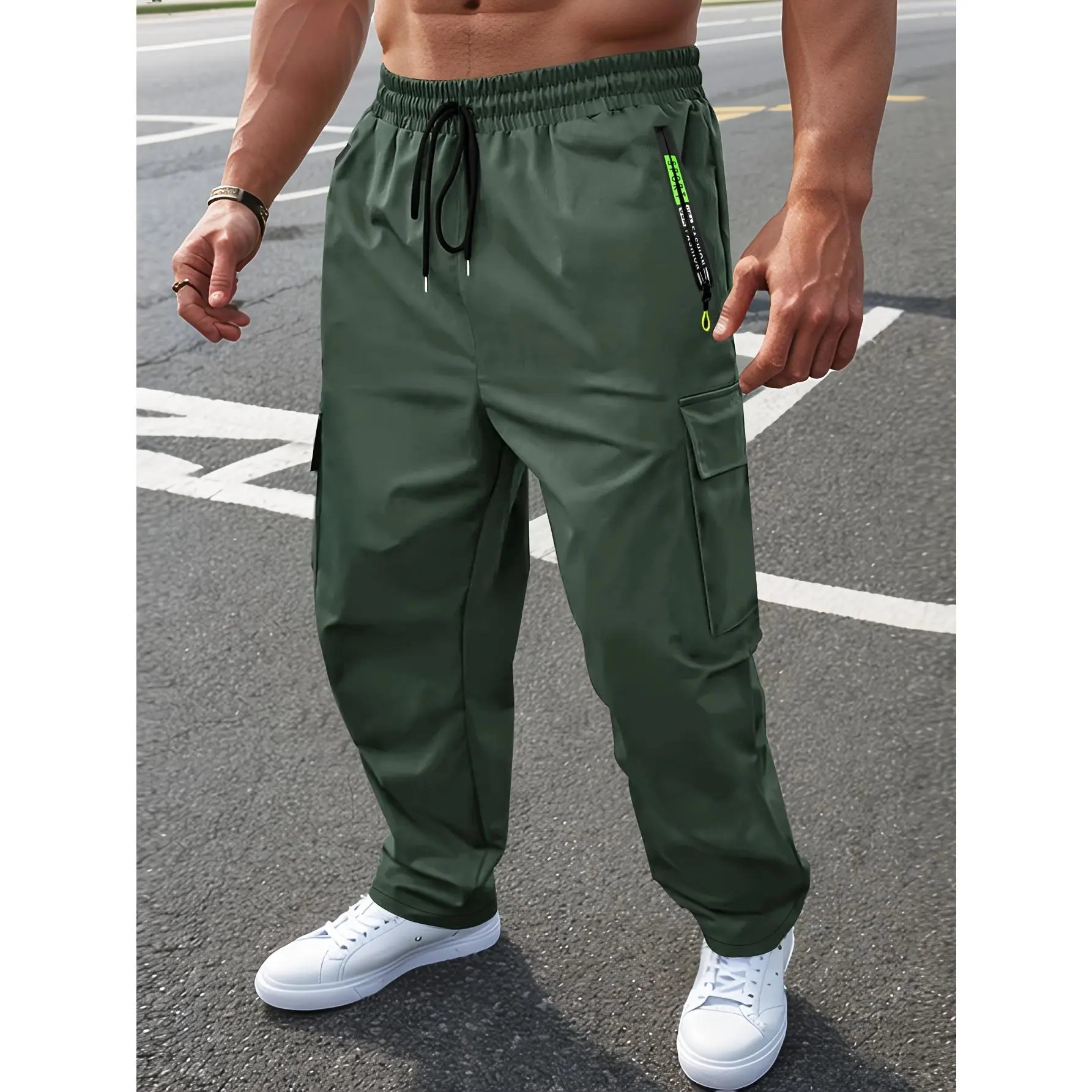 Men's Drawstring Elastic Waist Zipper Pocket Sports Pants Outdoor Casual Spring Autumn Large Patch Pockets Straight-Leg Workwear Slim Long Trousers