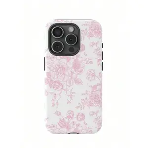 French Toile De Jouy Tough Phone Case, Light Pink And White Floral Tough Phone Case Suitable For IPhone17/IPhone17 Air/IPhone17 Pro/IPhone17 Pro Max/16 Pro Max/15 Pro Max/14 Pro Max/13 Pro Max/12 Pro Max
