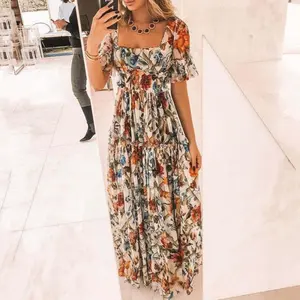 2026Floral Print Contrast Binding Corset Dress Daily Vacation Outdoor High Waist Floral Dress Square Collar Ruffle Sleeve Boho Waist Slimming Floral Fairy Dress Casual Womenswear Summer Outfits Comfort Apricot Bohemian Maxi Shortsleev..