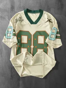 Vintage Oversized Mesh Eyelet Shirt, Street Style Star Number Print, Loose Fit V Neck Sportswear, Athletic Style Activewear, Unisex Casual Retro Top, Activewear Tee