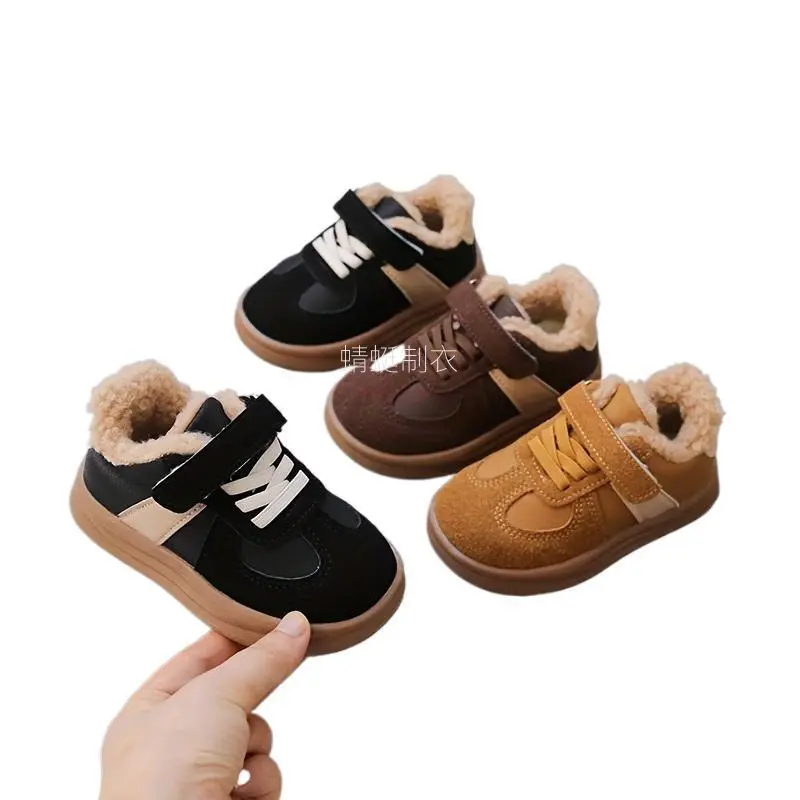 NewUnisex Kids’ Cozy Sneakers    Hook-and-Loop Fastener |             Warm Plush Lined + Durable TPR Sole |             Brown/Black/Beige. |             3-8 Yrs