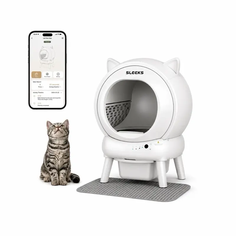 SLEEKS Self-Cleaning Automatic Cat Litter Box - Smart Robot Litter Box with App Control, Odor Removal System, Safety Sensors, X-Large Capacity, Dust-Free Cleaning Hub for Multiple Cats