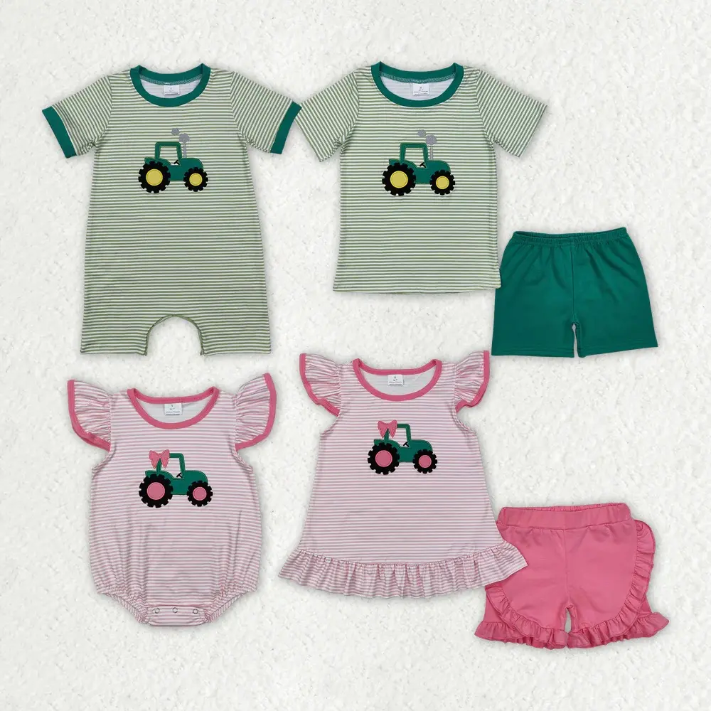 Toddler Boys Clothing Set, Soft Milk Silk Tractor Print & Striped T-Shirt with Green Shorts, 2-Piece Summer Outfit, True to Size, Baby Clothing, Soft Touch, 3-6M, 3T, True Size, 6-12M, 7-8T