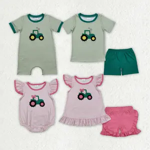 Boys' Toddler 2-Piece Baby Clothing Set - Cute Farm Tractor Print Striped Short-Sleeve Top, Green Shorts, Summer Country Life Outfit