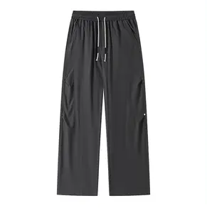 Men’s summer ice silk ruched straight-leg casual pants with side studs, drapey long pants, drawstring waist, loose athletic fit, high-street style, versatile cargo long pants