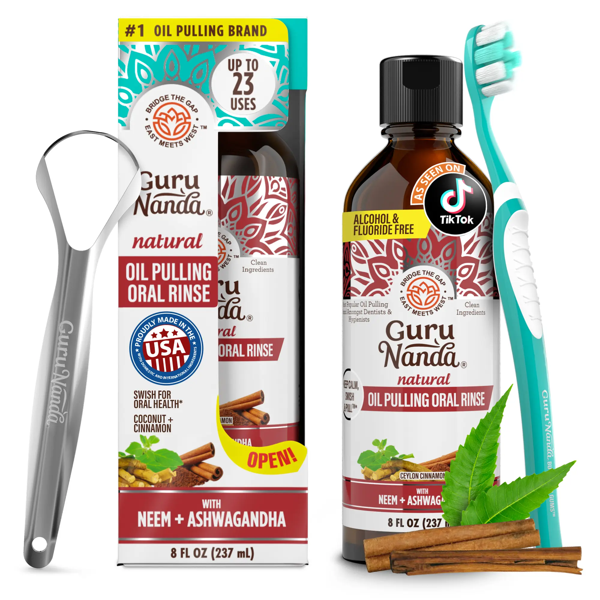 GuruNanda Cinnamon & Coconut Oil Pulling with Neem & Ashwagandha, Promotes Fresh Breath & Calmness, Alcohol-Free, 8 fl oz GuruNanda Cinnamon & Coconut Oil Pulling with Neem & Ashwagandha, Promotes Fresh Breath & Calmness, Alcohol-Free, 8 fl oz