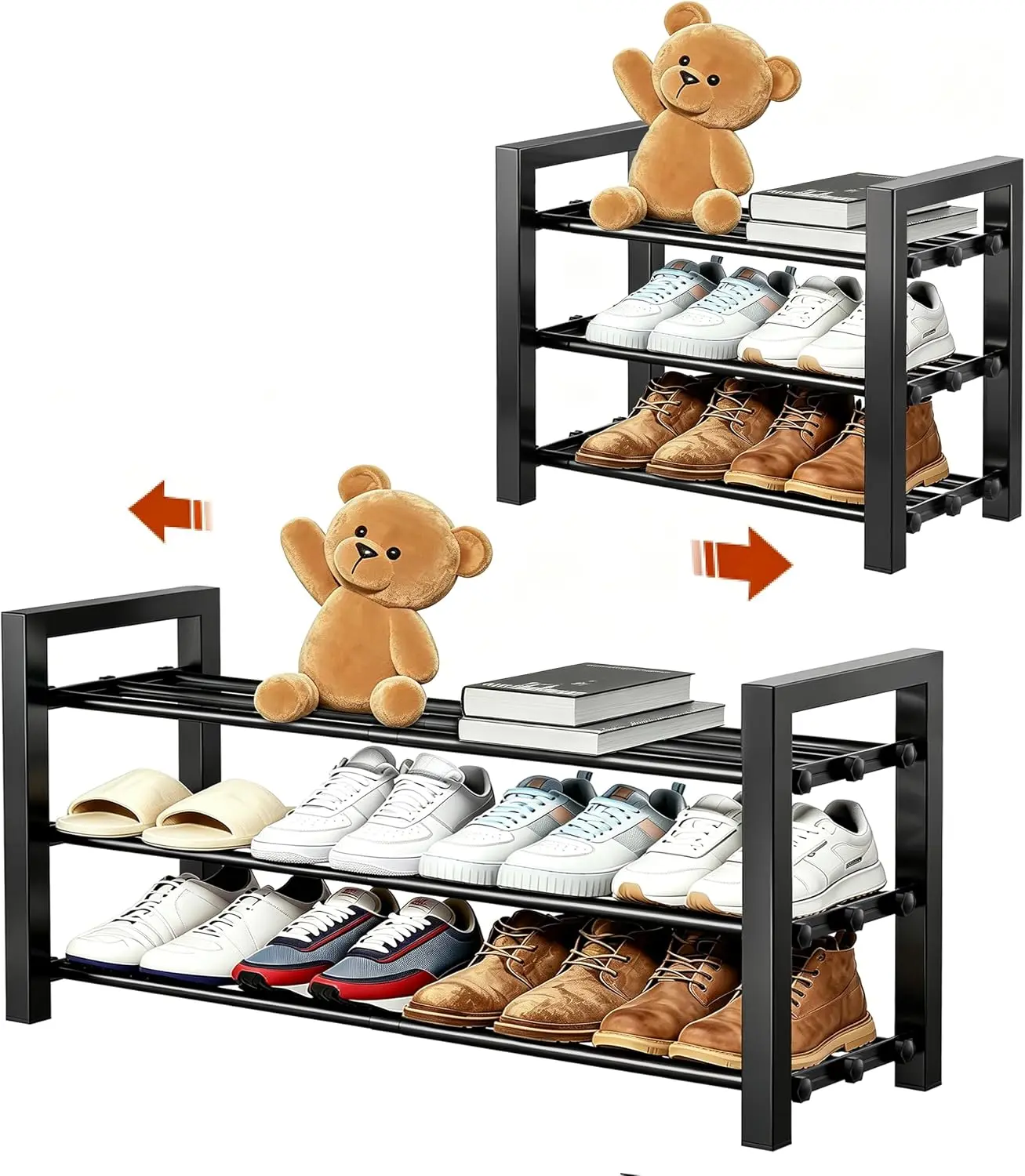 3-Tier Expandable Shoe Rack, Adjustable Shoe Shelf Storage Organizer Heavy Duty Metal Free Standing Shoe Rack for Entryway Closet Doorway (Black)
