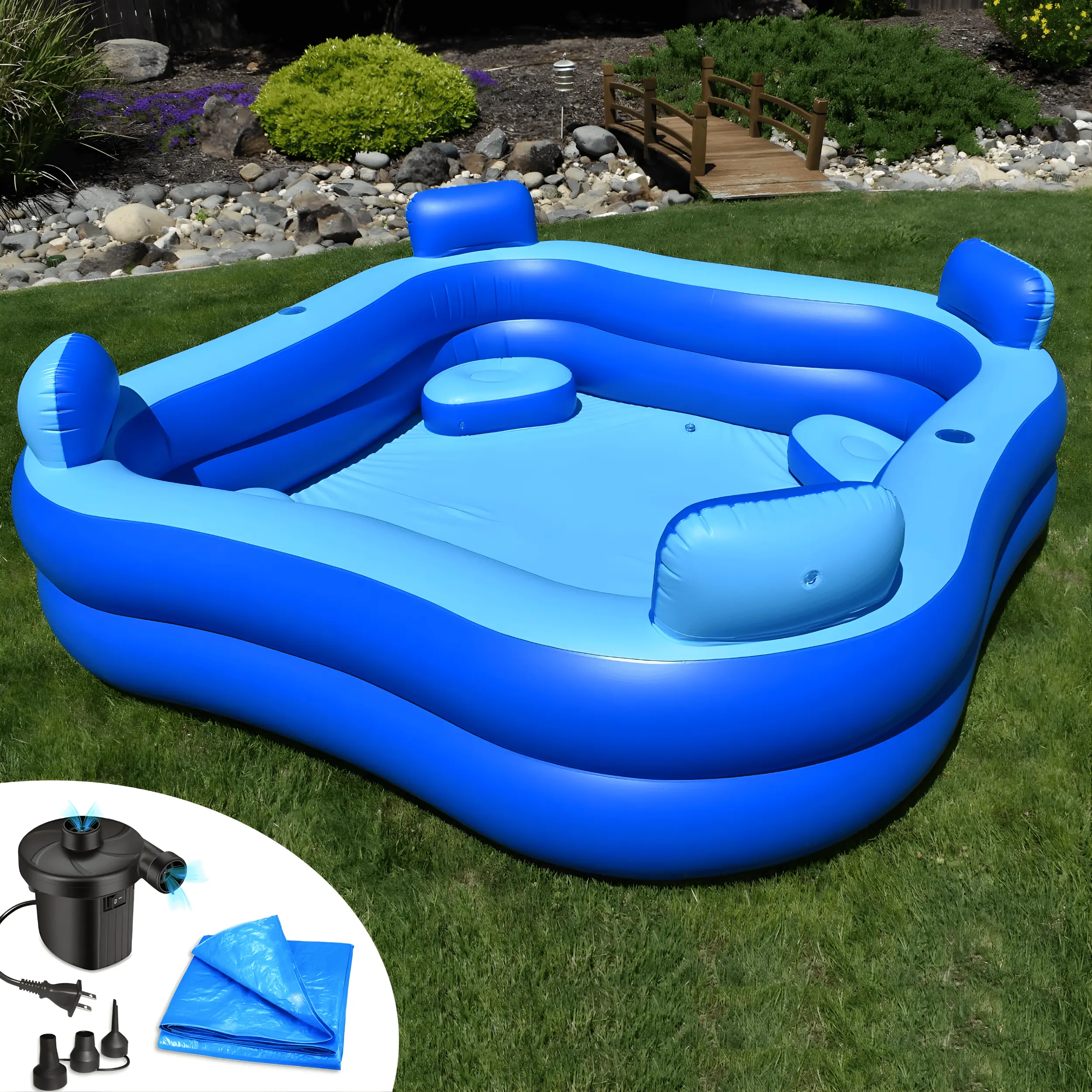 Inflatable Pool Bundle with Seats & Headrests 8ft x 8ft Options, Includes Electric Pump & Ground Tarp, Reinforced Seams, Fast Setup Above Ground Backyard Family Pool Summer Fun
