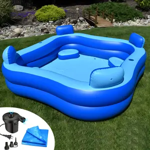 Inflatable Pool Bundle with Seats & Headrests 8ft x 8ft Options, Includes Electric Pump & Ground Tarp, Reinforced Seams, Fast Setup Above Ground Backyard Family Pool Summer Fun