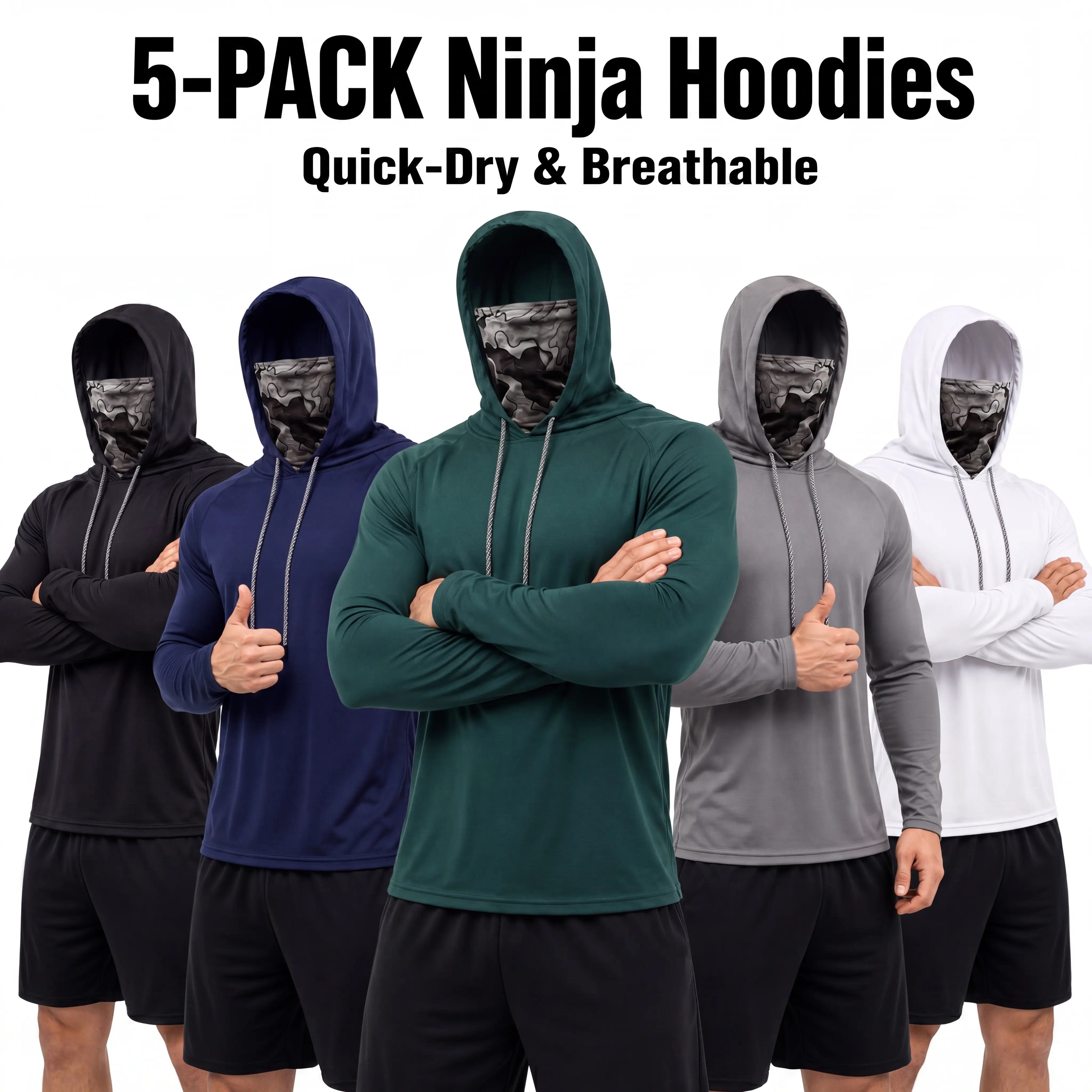 Men's UPF 50+ Polyester Athletic Sun Shirt, Regular Fit Long Sleeve Outdoor Wear Hooded Top with Adjustable Drawstring, Thumb Holes, Camouflage Face Covering
