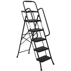 5 Step Ladder, Folding Step Stool with Wide Anti-Slip Pedal, Sturdy Steel Ladder, Convenient Handrail, Lightweight, Portable Steel Step Stool