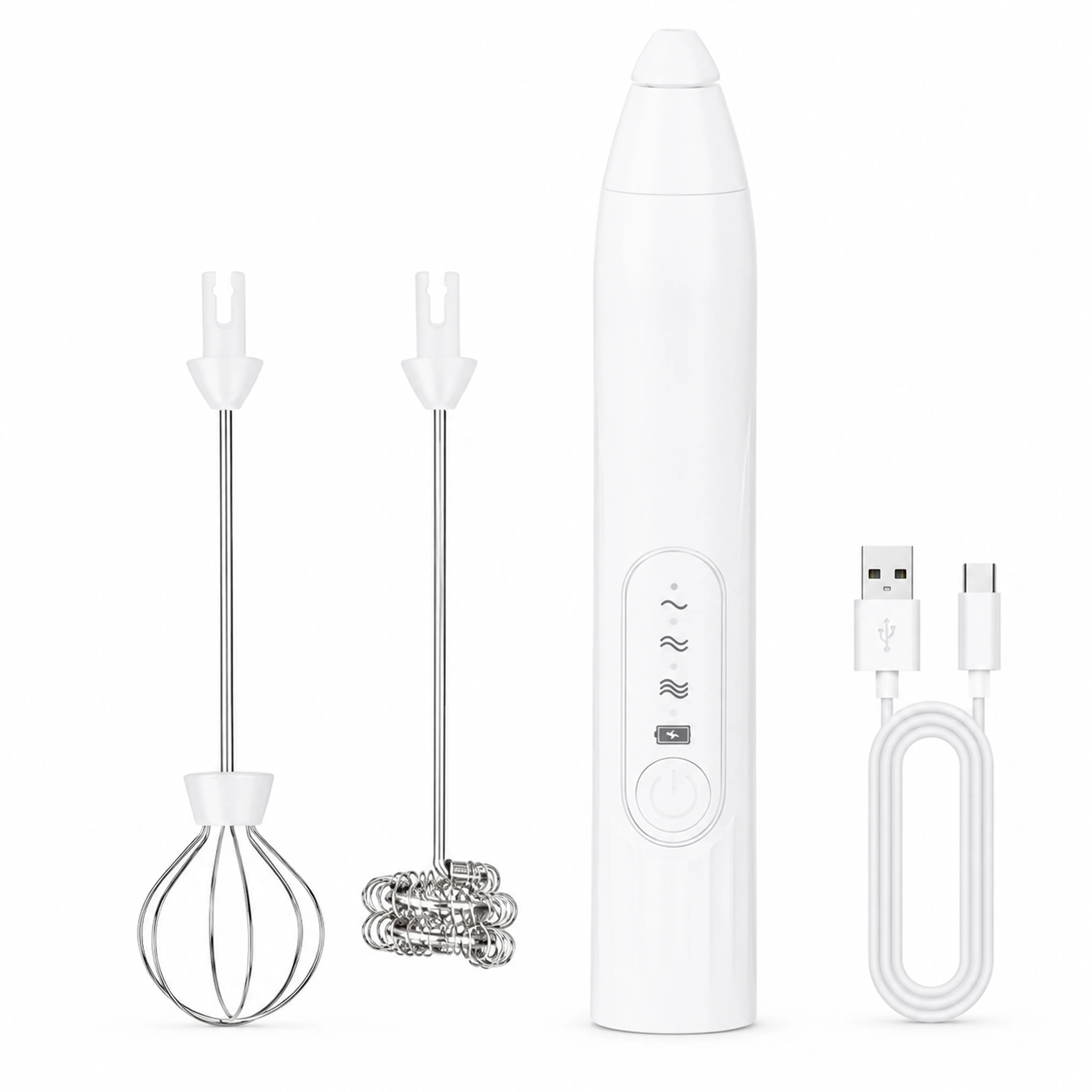 USB Rechargeable Electric Milk Frother Handheld, 2 Replaceable Whisk Heads, Portable Coffee Foam Maker, Mini Drink Mixer for Latte Cappuccino Egg Whisking