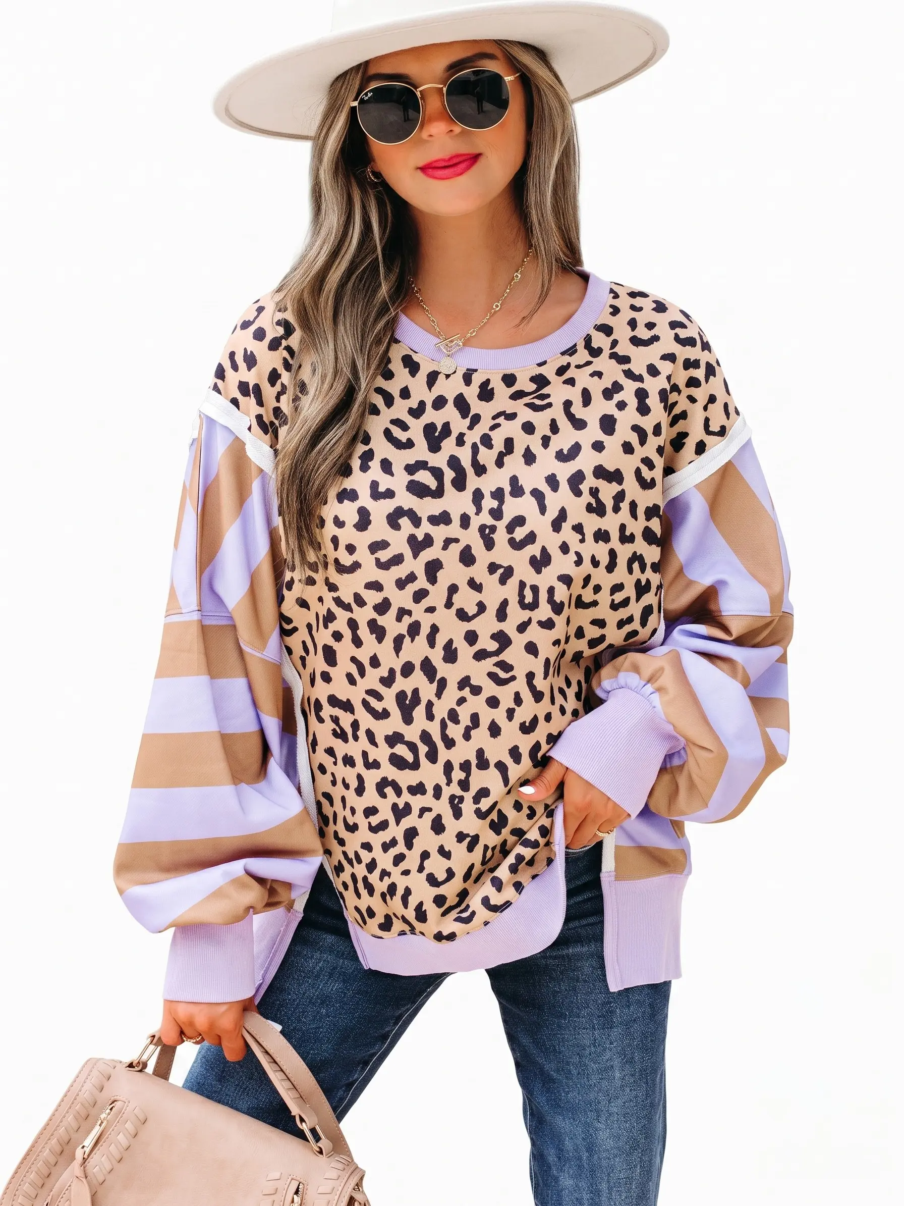 Women's Leopard Print Sweatshirt Color Block Striped Long Sleeve Pullover Tops Casual Crewneck Fall Shirts with Side Slits