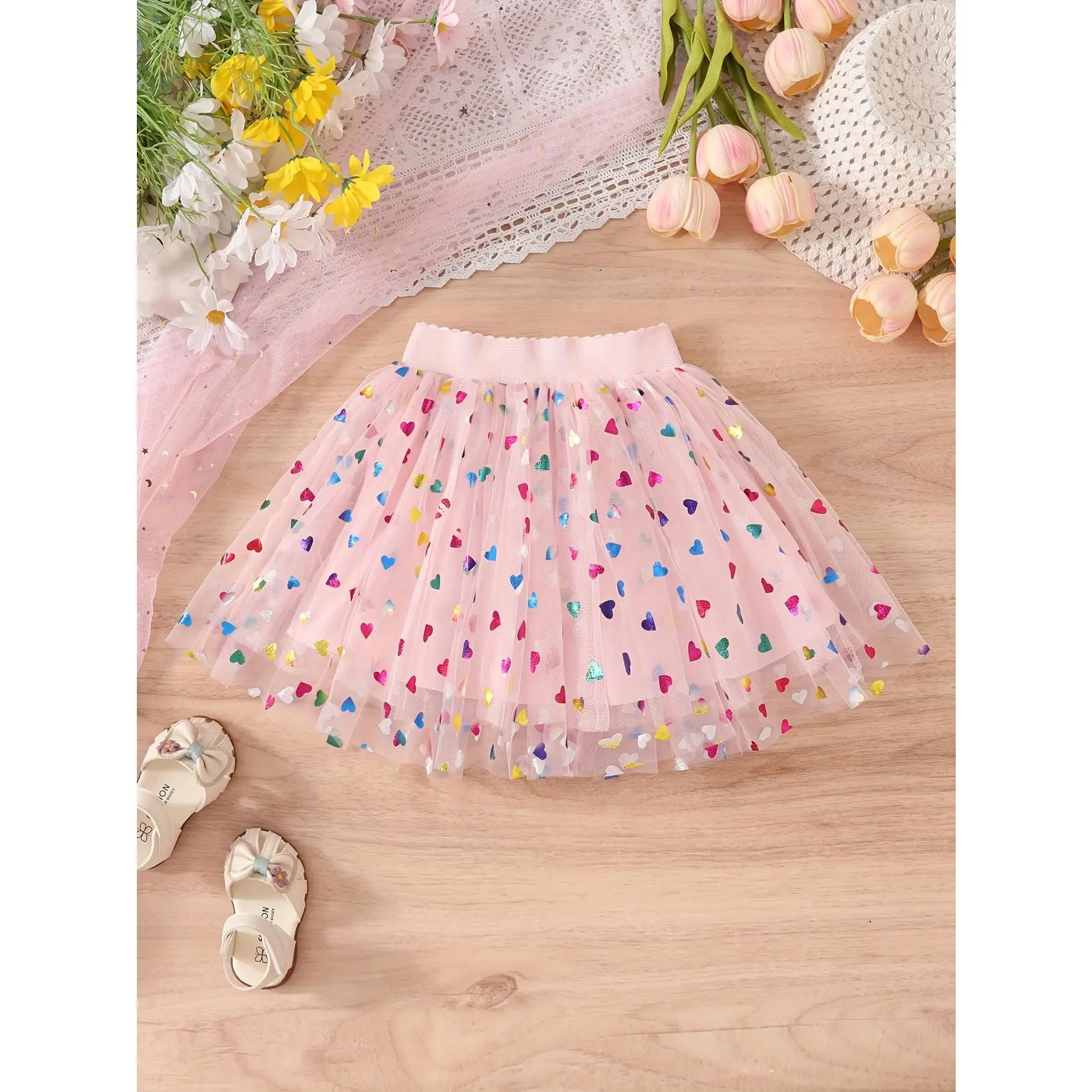 Girls' Multicolor Heart Print Tulle Skirt with Pleated Hem - Knee-Length Princess Party Skirt Birthdays, Festive Occasions & Casual Attire, Machine Washable All-Season Girls' Skirt