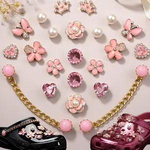 IVASKY 24PCS Elegant Pink Bling Coquette Shoe Charms Set for Croc and Jibbit – Butterfly Flower Crown Chain Trendy Hole Shoes Accessories Shoe Kit Character Cartoon jewelry accessory shoe decoration charms Charm Pack for Women silver plain