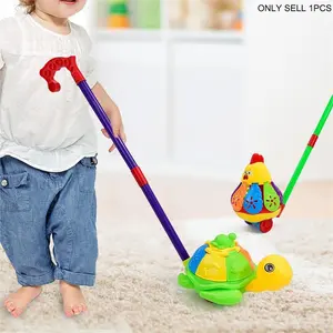Push-Along Rotating Toy, Cute Chicken Turtle Design, Adjustable Bell, Detachable Walking Trainer, Unisex, Ages 0-2 Years, Toddler Push Walker