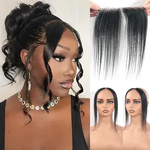 HD Swiss Lace Bangs Curtain Bangs 100% Human Hair Straight Hairpiece for Women Front Hairline Human Hair Toppers Replacement Toupee Air Fringe 10 Inch Middle Part Natural Black
