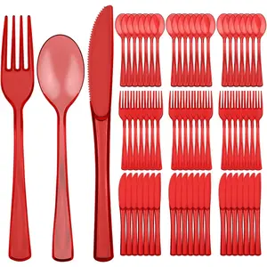 75 PCS Plastic Silverware Disposable Silverware Heavy Duty Utensil Sets 25 Of Each Forks Knives & Spoons Disposable Cutlery Set For Easter,Birthday,Baby Shower,Garden Party,Wedding(75,Red)