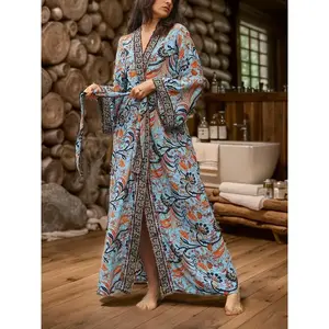 [Plus Size Long Robe with Print] Boho Chic Plus Size Women's Long Robe with Full Print, V-Neck, Tie Waist - Perfect for Spring/Summer/Fall(Sheets)