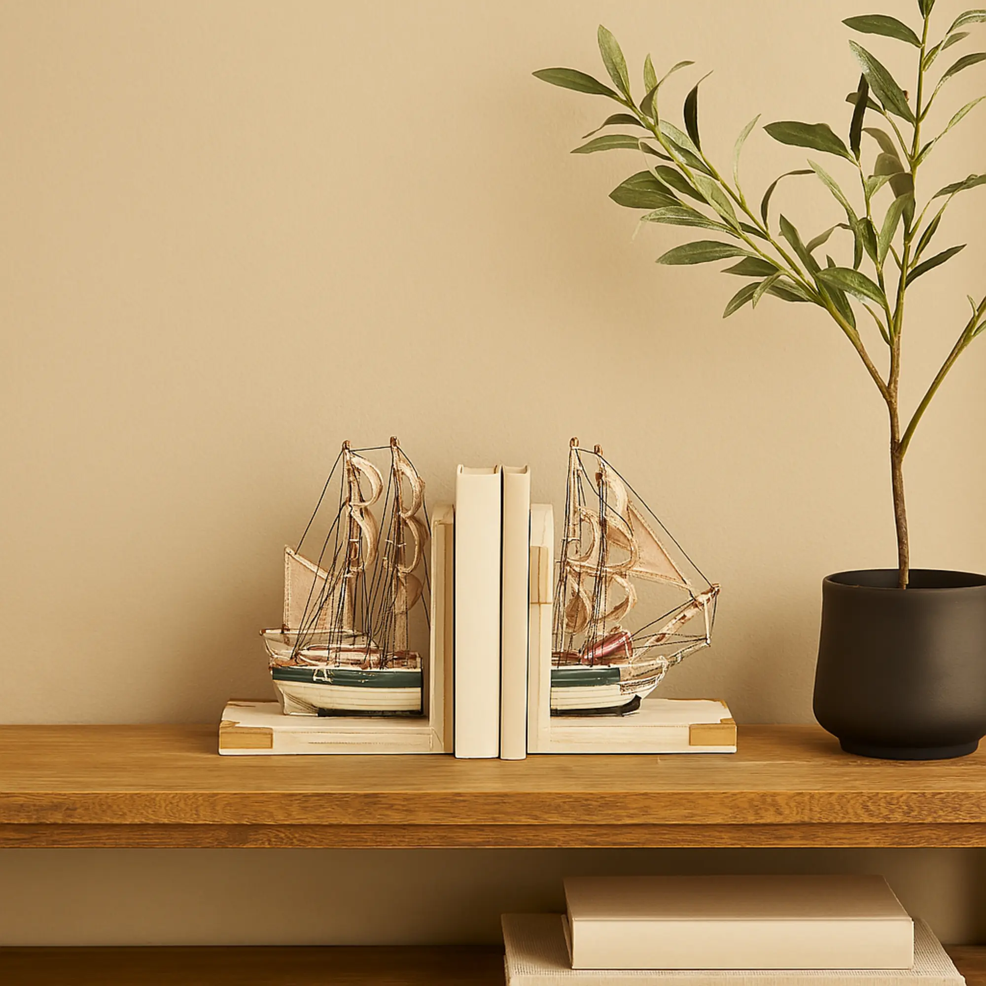 White Wood Sailboat Bookends (Set of 2) - Office Desk Organizer with Real Boat Rigging, Gold Corners, Coastal Nautical Decor for Living Room, Any Occasion