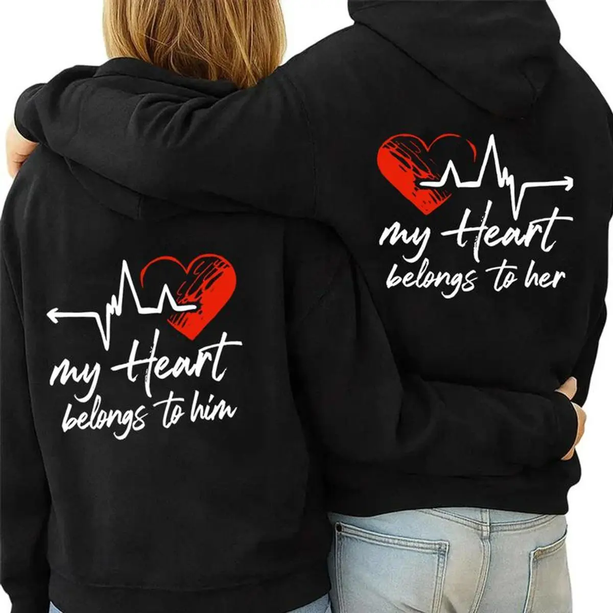 Matching Couple Hooded Jacket His & Hers Heartbeat Line Back Print With "My Heart Belongs To Her Him, Unisex Long Sleeve Pullover Shirt