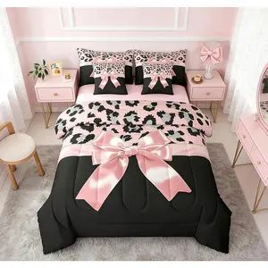 Pink Silk Bowknot 7 Piece Bedding Set Grey Leopard Comforter Set with Sheets for Kids Girls Women Black Pink Bed in a Bag Sweet Romantic Bed Set