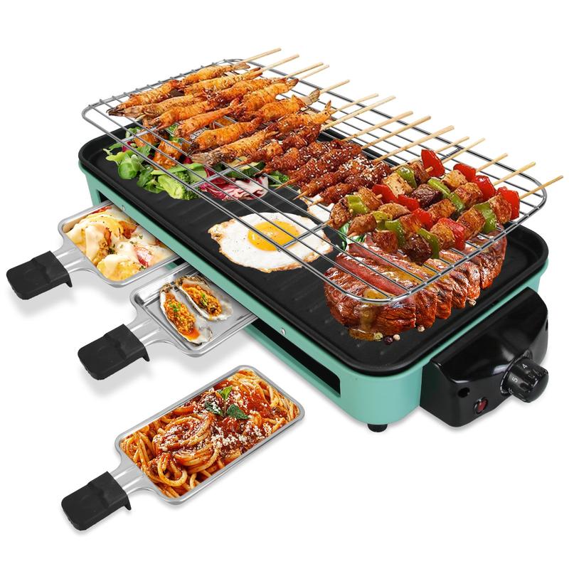 1500W Electric Indoor Grill 2-in-1 BBQ with Grill Net Removable Plate 5 Temp Control 3 Trays Dishwasher Safe for Indoor & Outdoor Parties