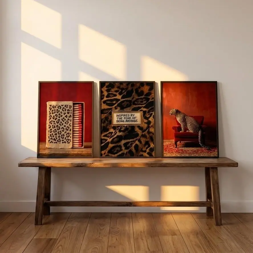 Unframed Leopard Print Wall Art Set of 3 - Red Maximalist Gallery Wall Decor, Retro Luxury Cheetah Print Posters for Home