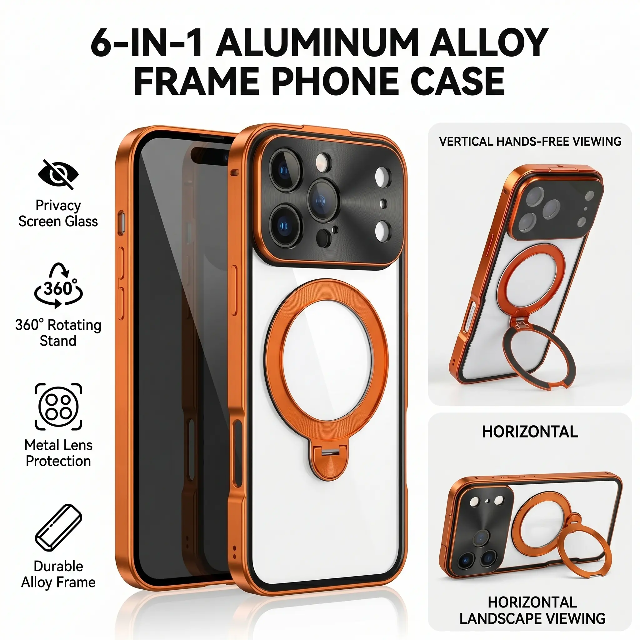 6-in-1 Phone Case Aluminium Frame with Screen Guard for iPhone 15/16/17 Pro Max, MagSafe Magnetic, 1-Click Buckle Installation, Anti-Peep, Drop/Scratch Proof, 360° Adjustable Stand，Office ，Café，Wireless, Protection, Shockproof, Casing, Screen Protector