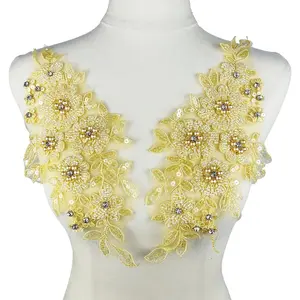 1 Pair 3D Embroidered Lace Sew on Rhinestone Beaded Sequins Flower Patch Applique for Clothing Wedding Dress Decor 12.6 x 6 Inch Yellow