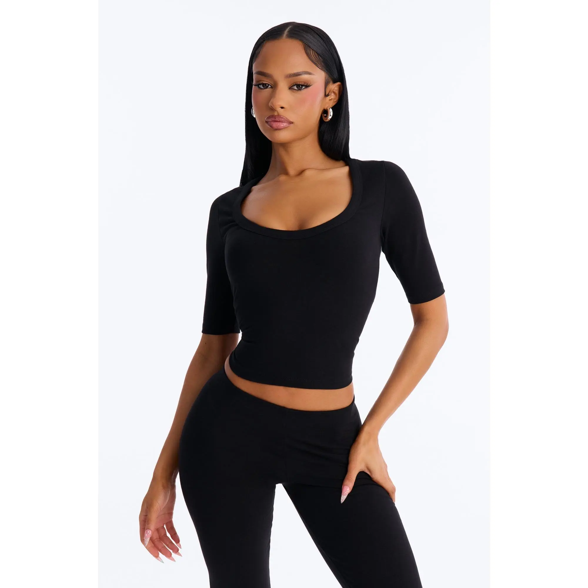 Quinn 3/4 Sleeve Scoop Neck Top - Black